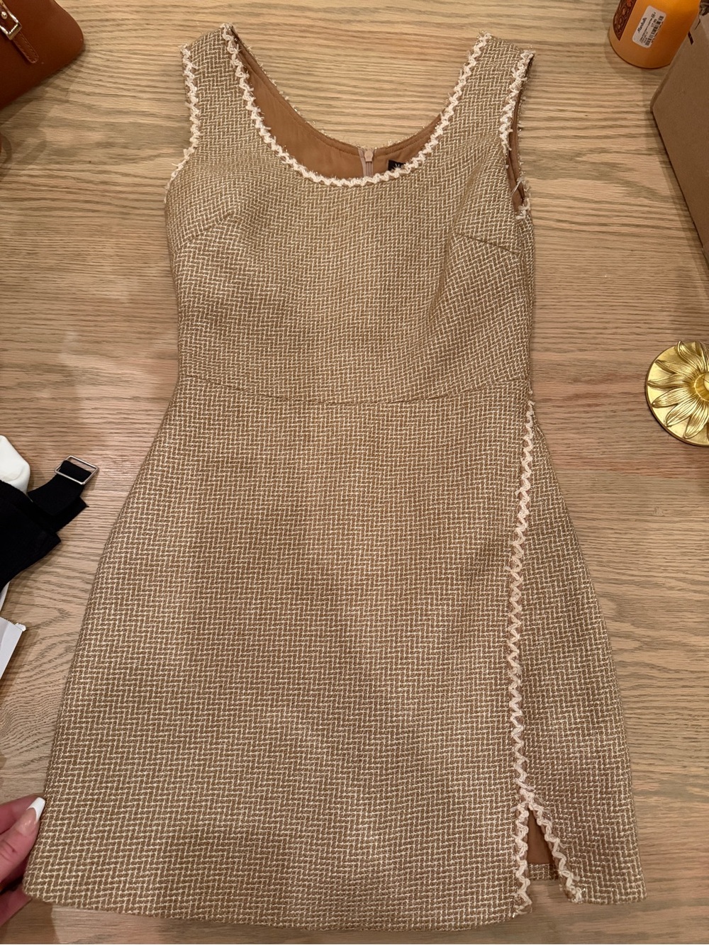 MOTF Beige Textured Tweed Mini Dress with Cream Trim